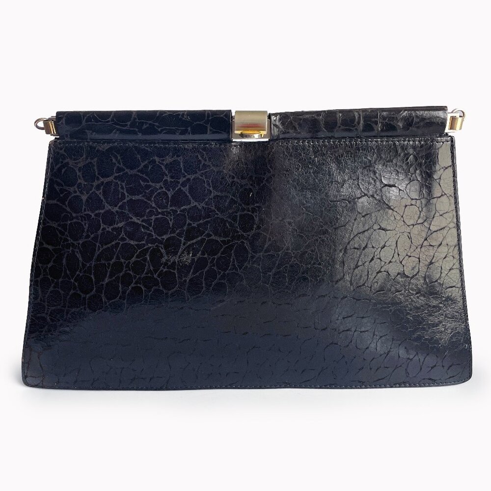 Furla Clutch Bag Black Croc Embossed  Leather Hinged Vintage 70s